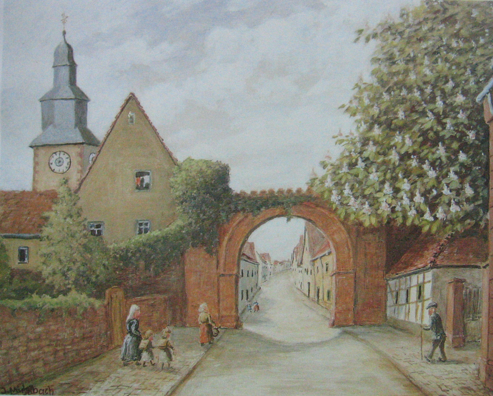 Michelbach Aquarell Unteres Tor Kirche Baumann